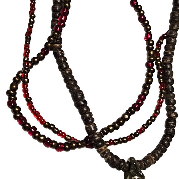 Boho Red Brown Beaded Necklace Teardrop Pendant Gold Tone Swirl Embedded Gems - Picture 5 of 9